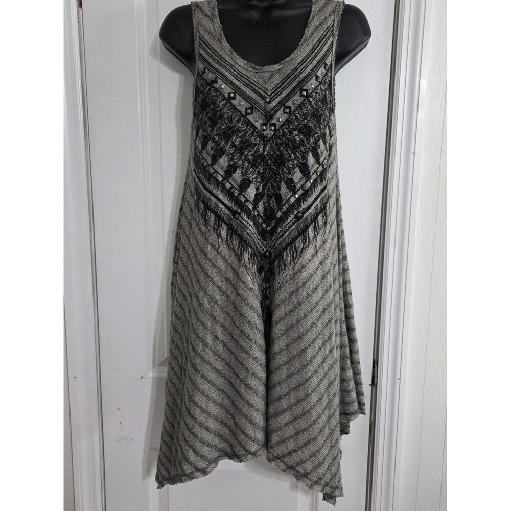 Vocal Black and Taupe Sleeveless Asymmetrical Embroidered Tunic Dress